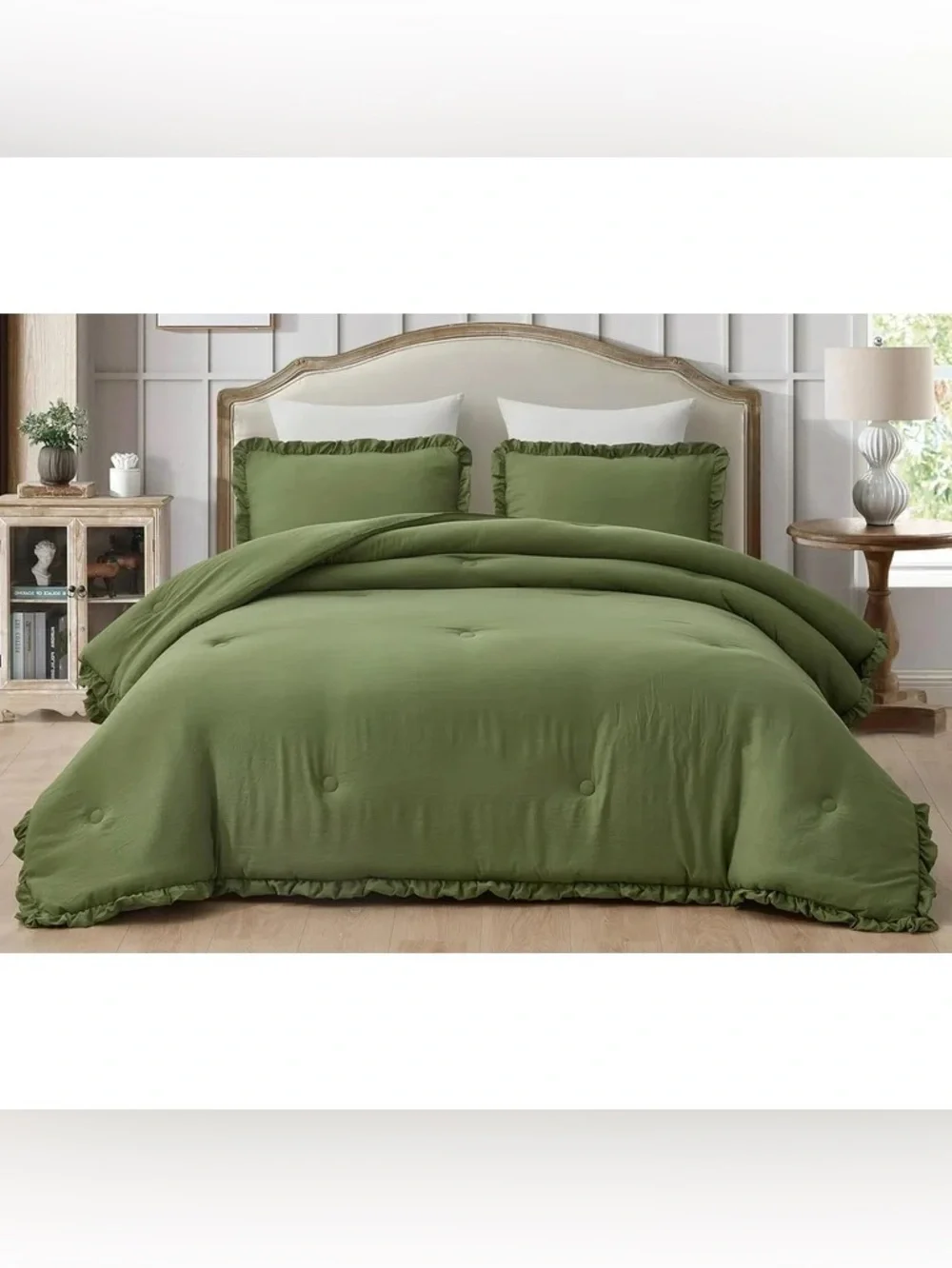 Olive Green Ruffled oversized queen 3 piece Comforter Set -